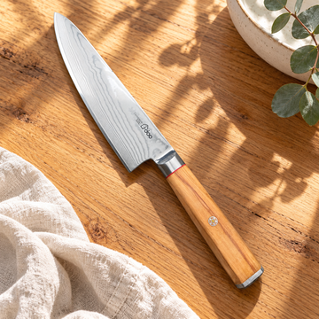8-Inch Damascus Chef Knife, Olive Wood — Optional Engraving | Birthday Gift for Dad