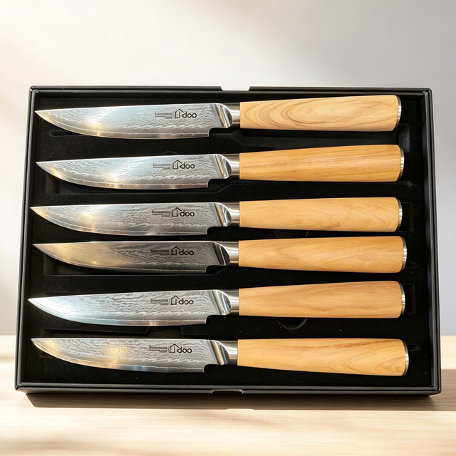 6-Piece AUS-10 Damascus Steak Knife Set, Olive Wood — Wedding & Housewarming Gift