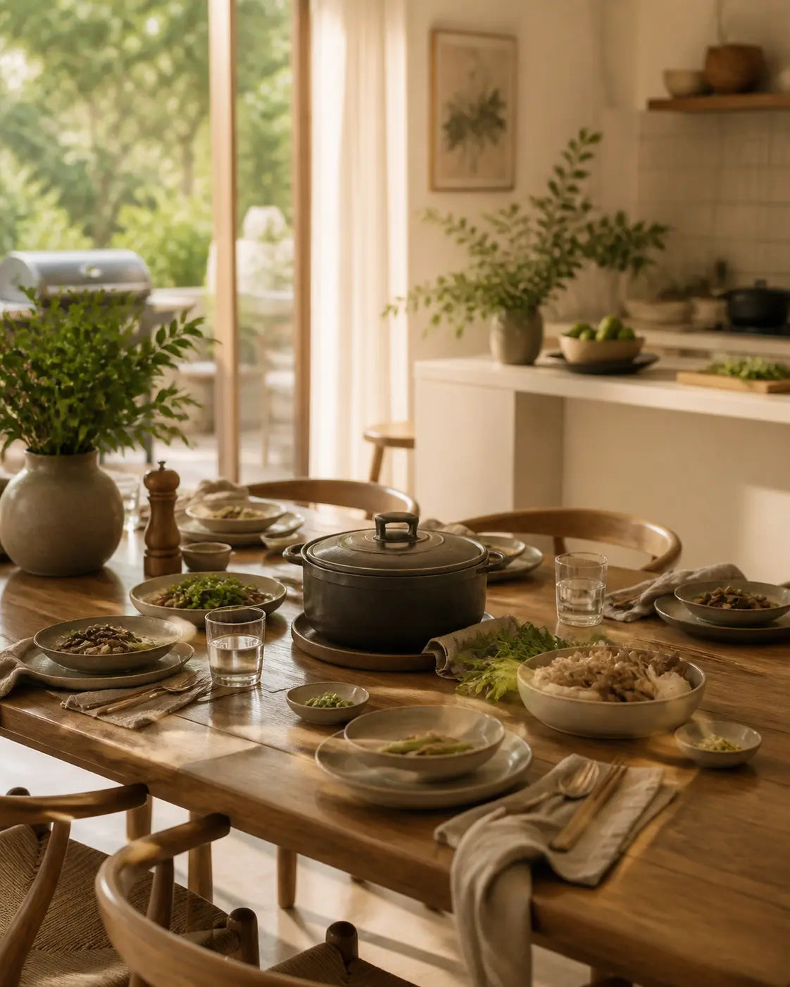 A timber dining table set for a relaxed gathering
