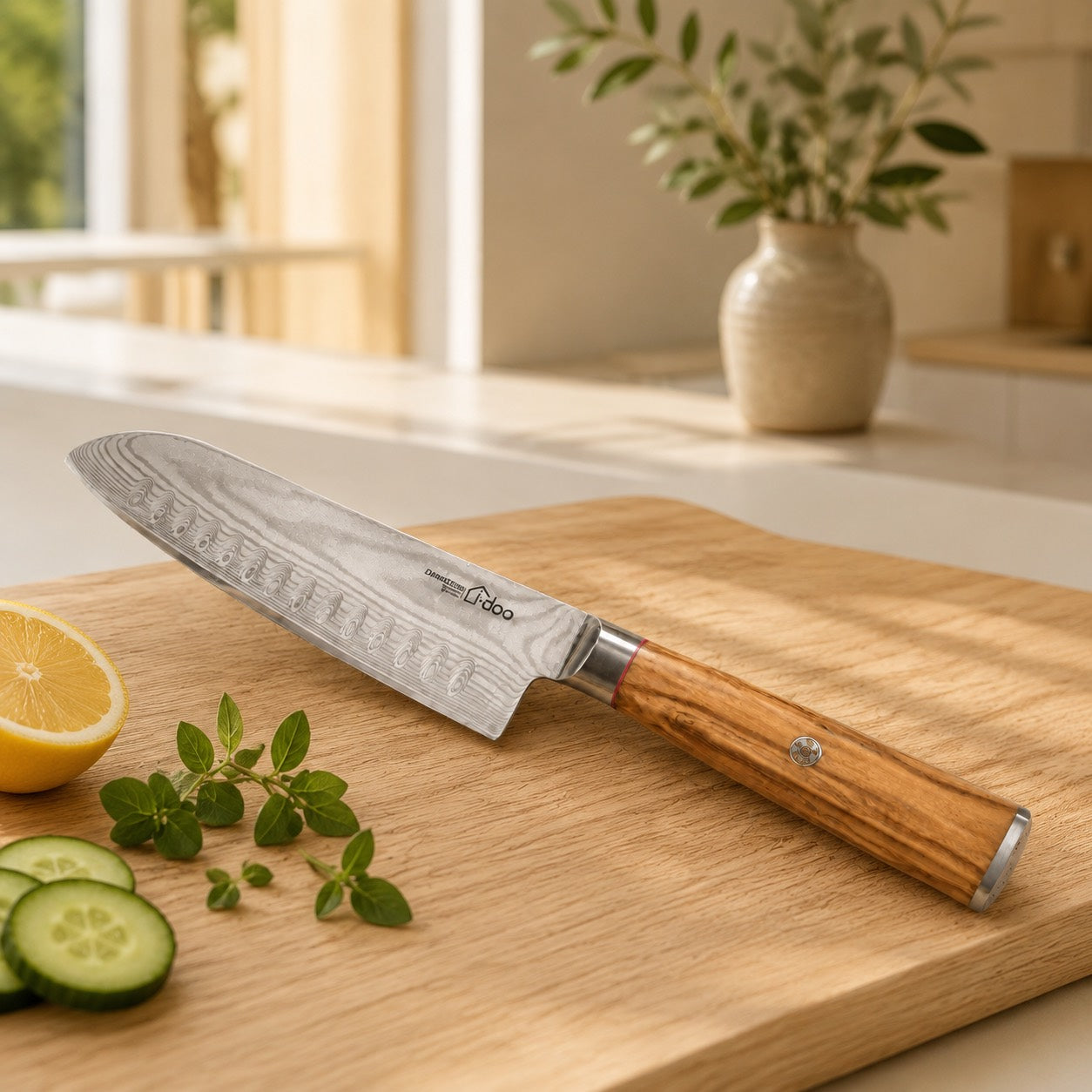 i-DOO Bondi Santoku knife in a warm modern kitchen
