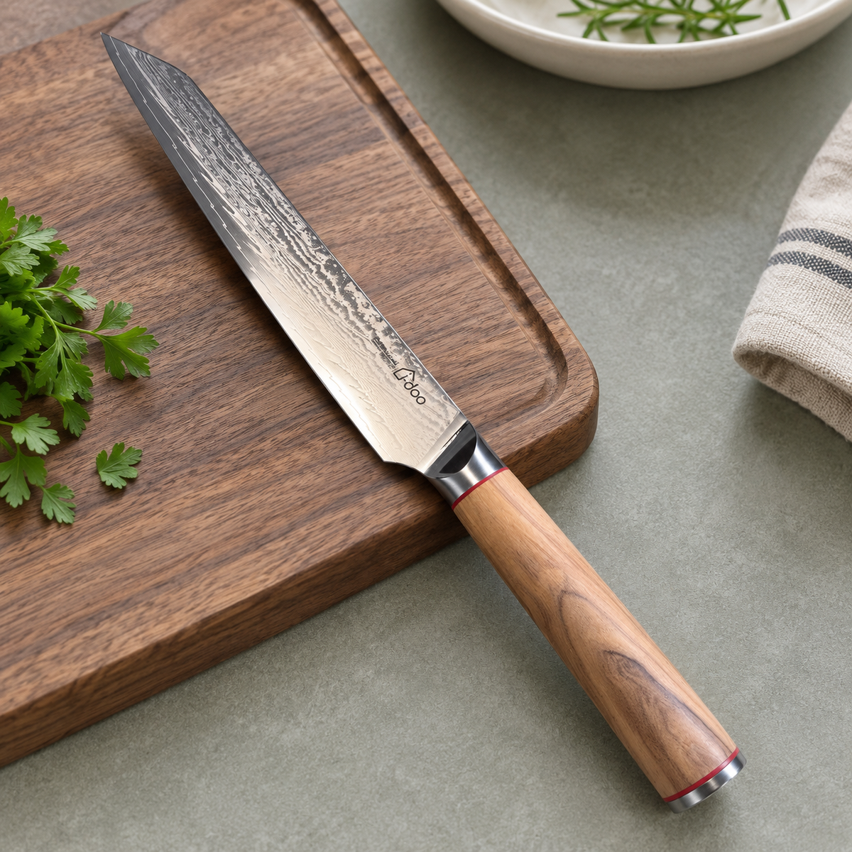 MAPLE 8-Inch AUS-10 Damascus Slicing Knife — Olive Wood Handle