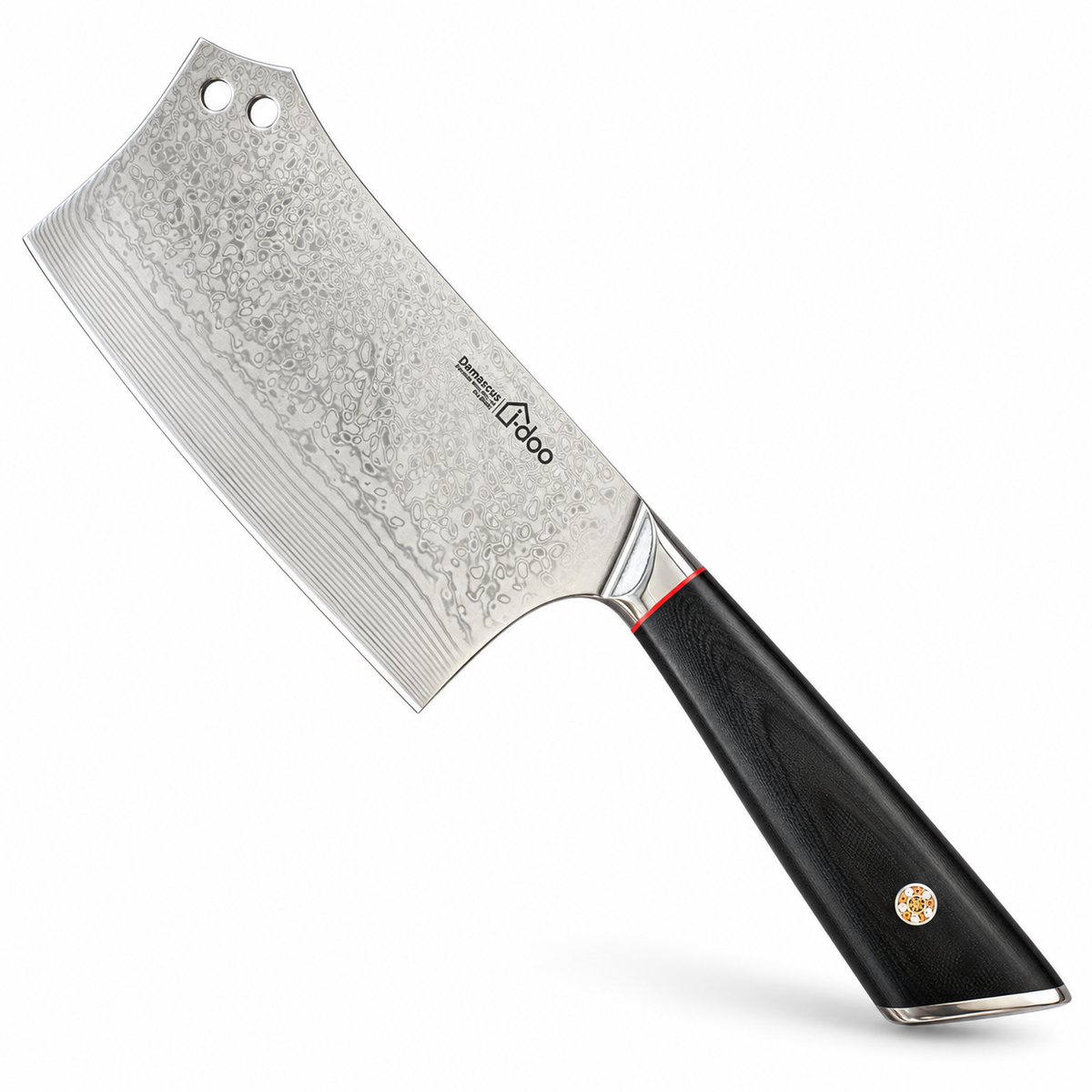 i-DOO Summit 7-inch Damascus bone chopper with black G10 handle on a white background