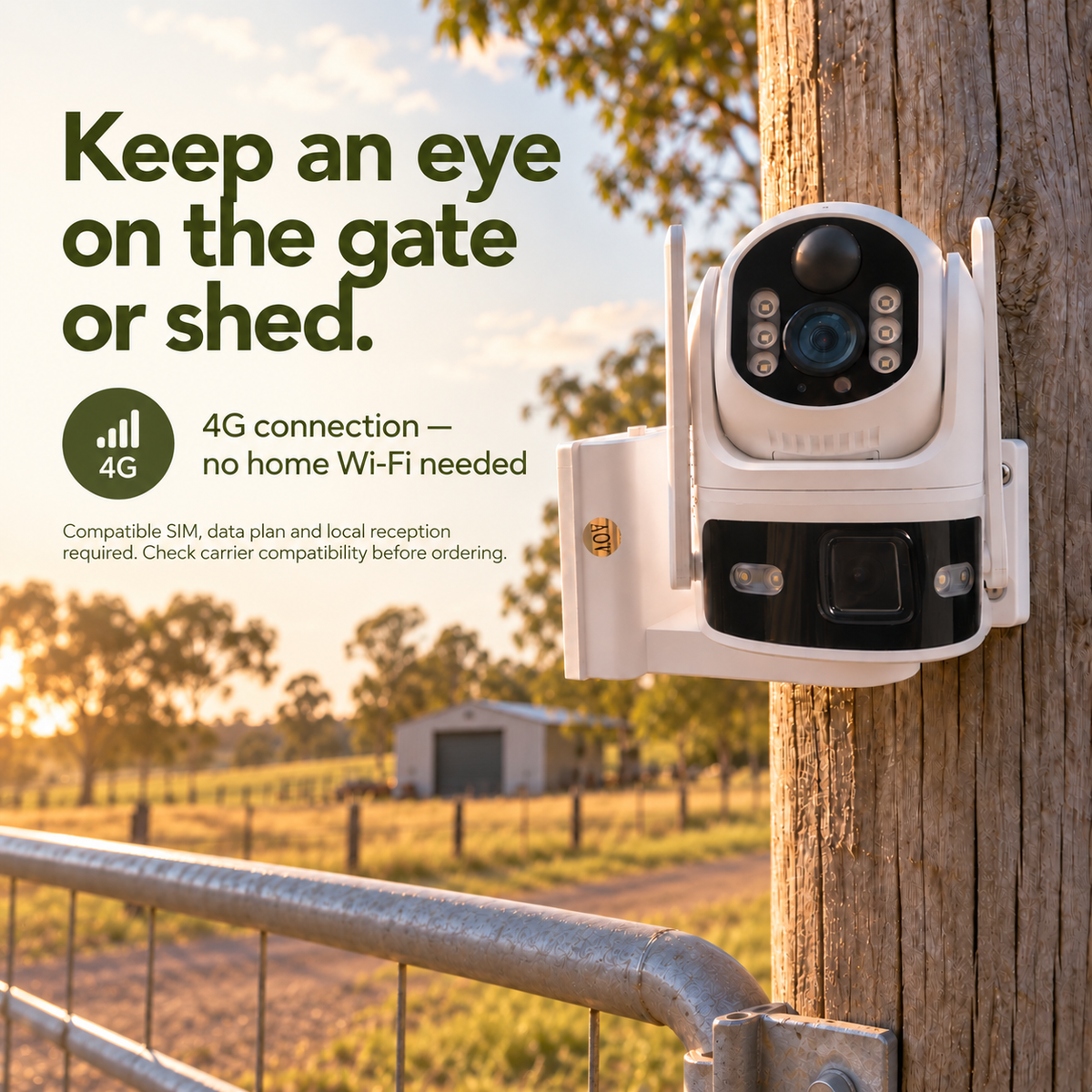 4G camera for a gate or shed; compatible SIM, data and reception required
