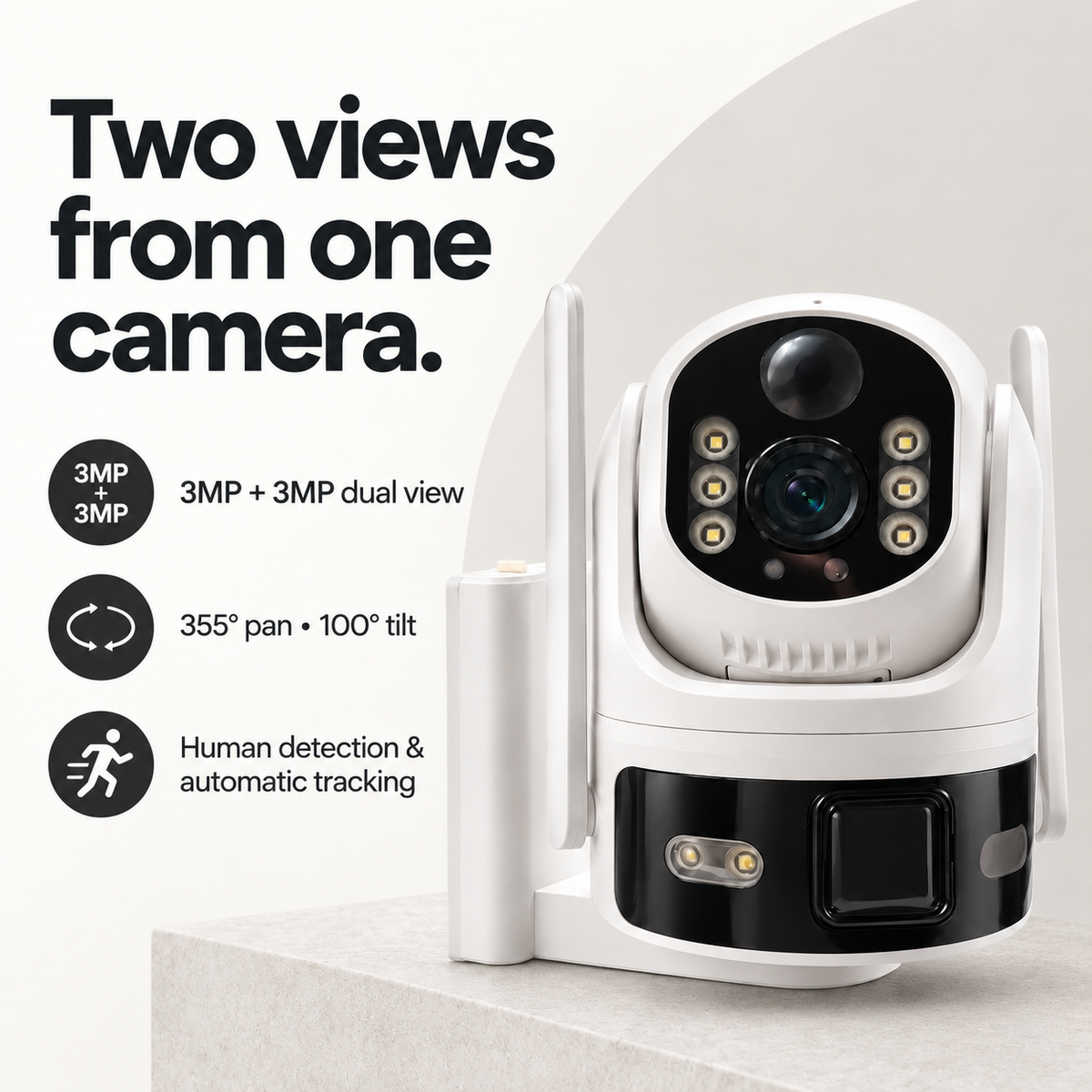 Dual-view camera with 355 degree pan, 100 degree tilt and human tracking