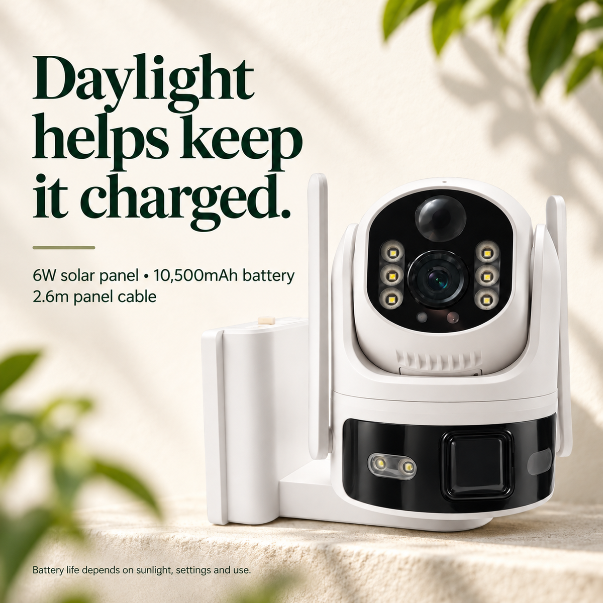 6W solar charging, 10500mAh battery and 2.6m panel cable