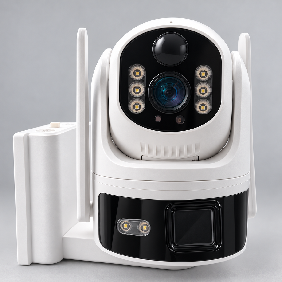 Close view of the camera housing, lens and lights