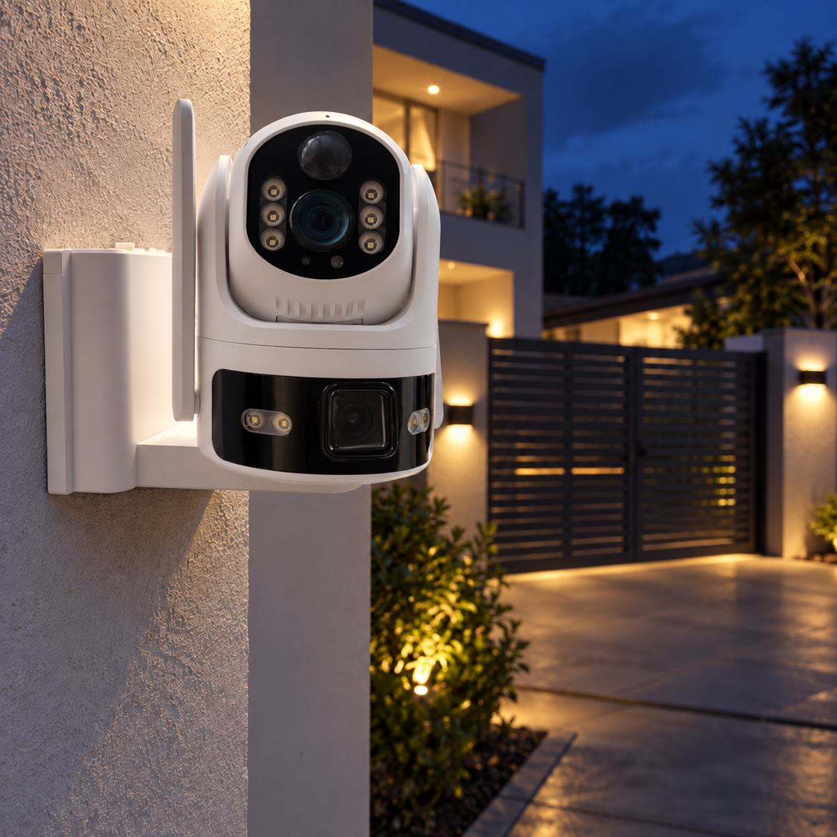 Dual-view camera at a home entrance in the evening