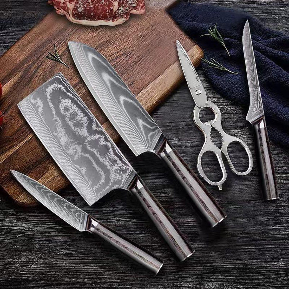 HJ 6-Piece Damascus Kitchen Knife Set with Wooden Block — Gift Set