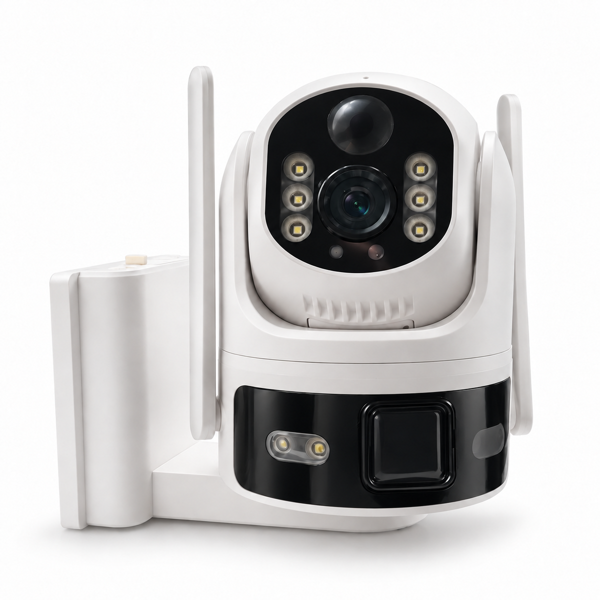 Dual-view security camera with clean unwrapped housing on a white background