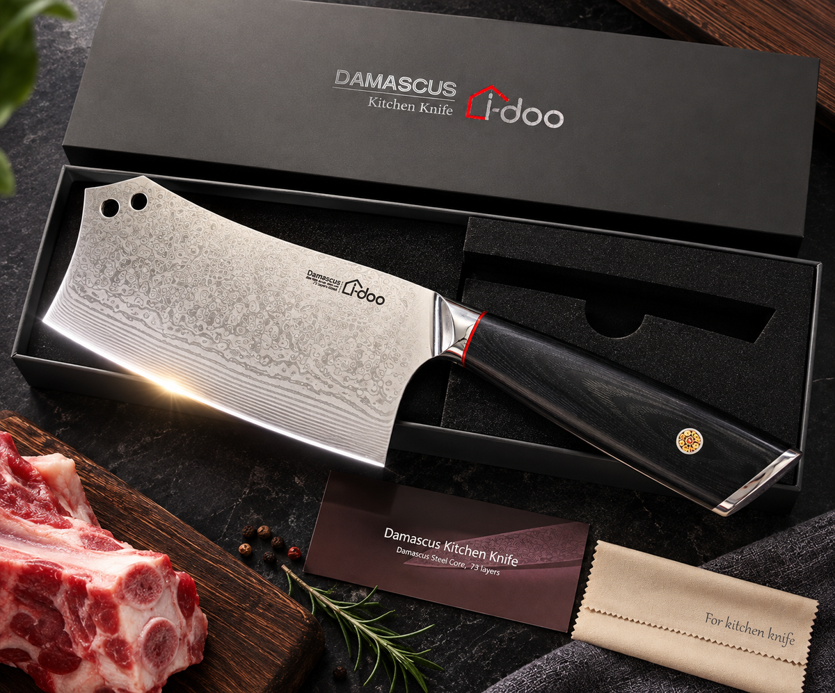 i-DOO Summit bone chopper displayed across its gift box with a cleaning cloth and information leaflet