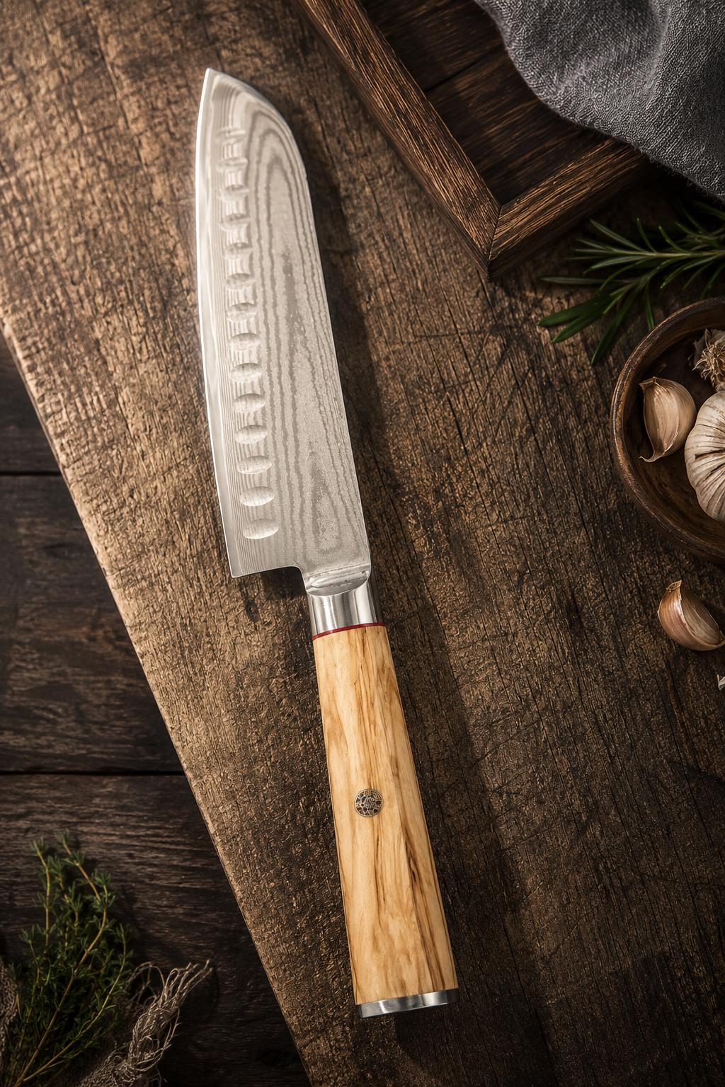 7-Inch Damascus Santoku Olive Wood image 3