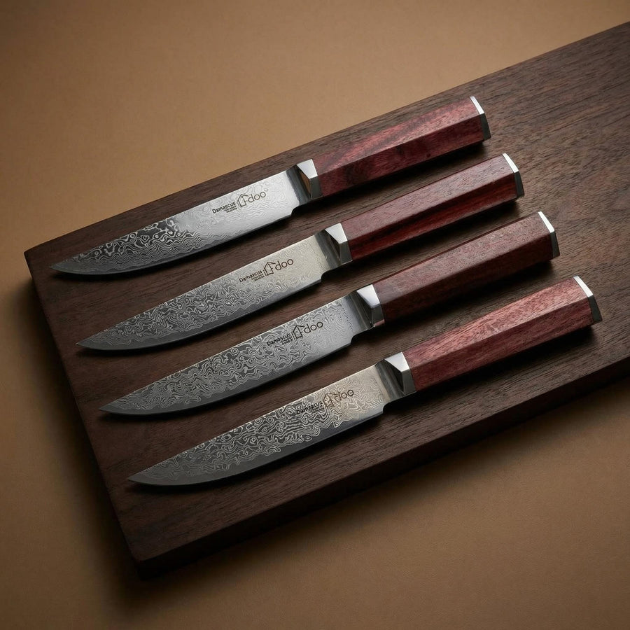 4 Piece Damascus Steak Knife Set with Wooden Stand image 1