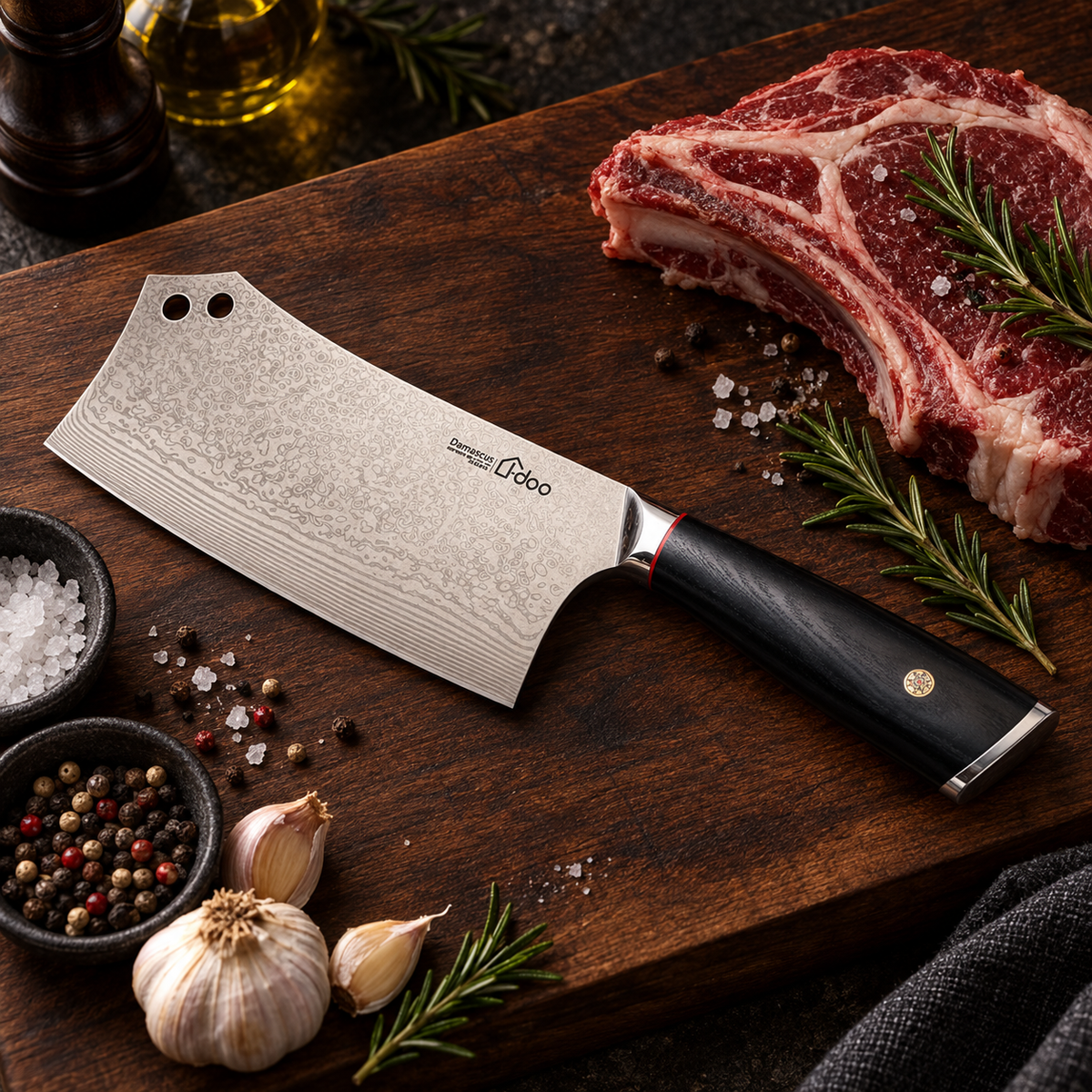 Summit Damascus bone chopper beside a bone-in steak and herbs on a wooden chopping board