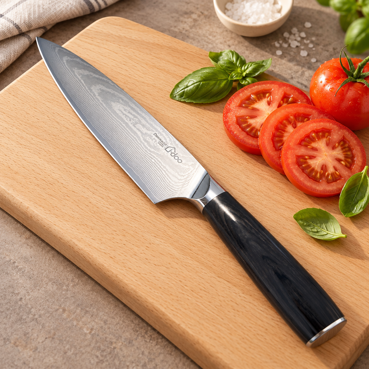 HJ chef knife beside sliced tomatoes and basil