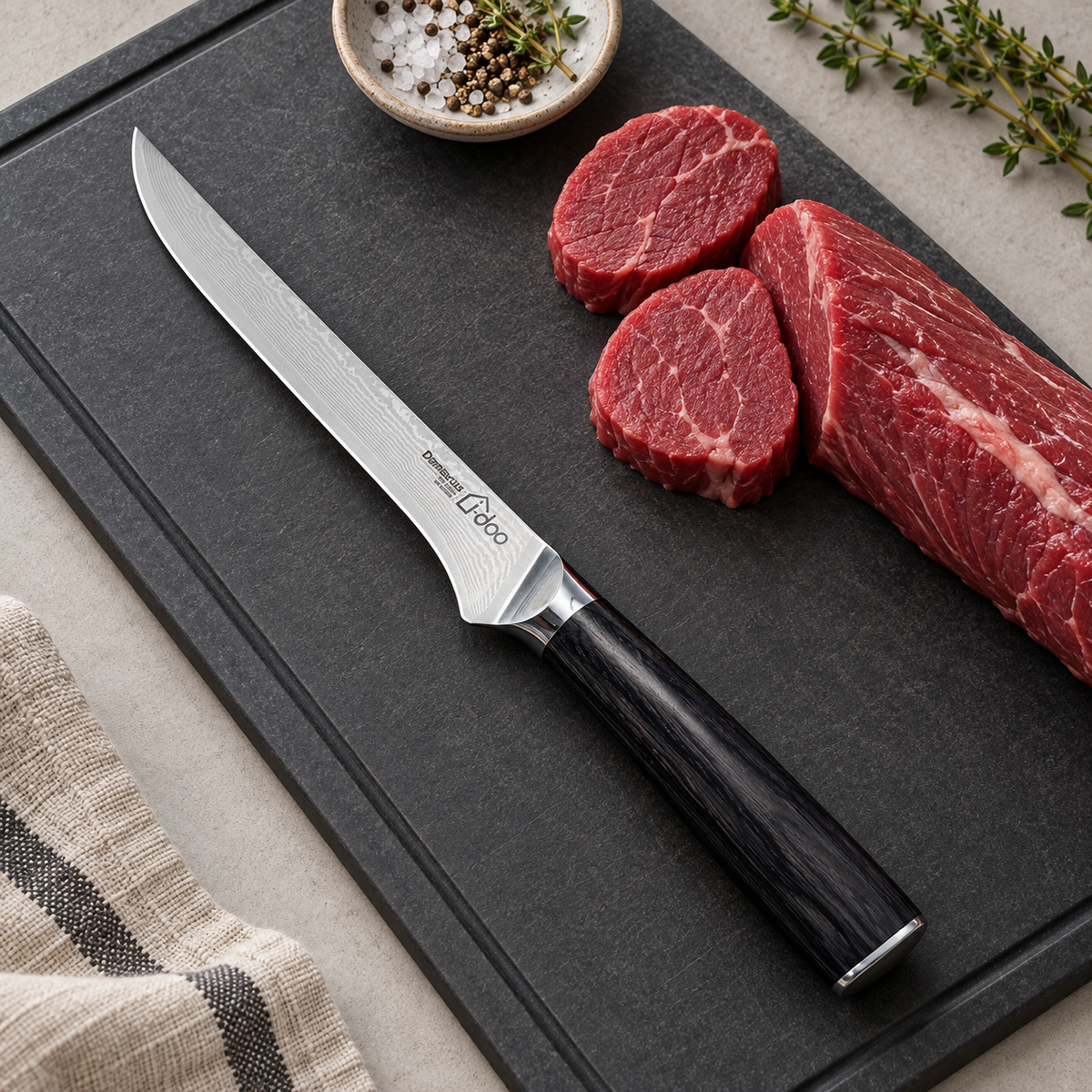 HJ narrow kitchen knife beside boneless beef on a cutting board