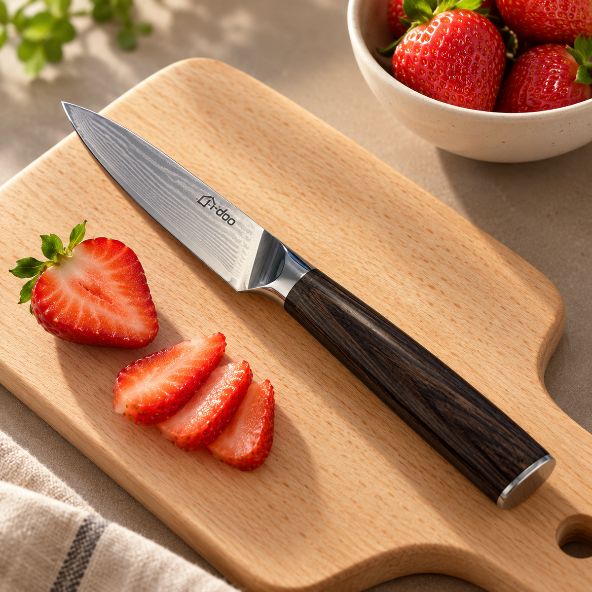 HJ small kitchen knife with dark wooden handle beside sliced strawberries