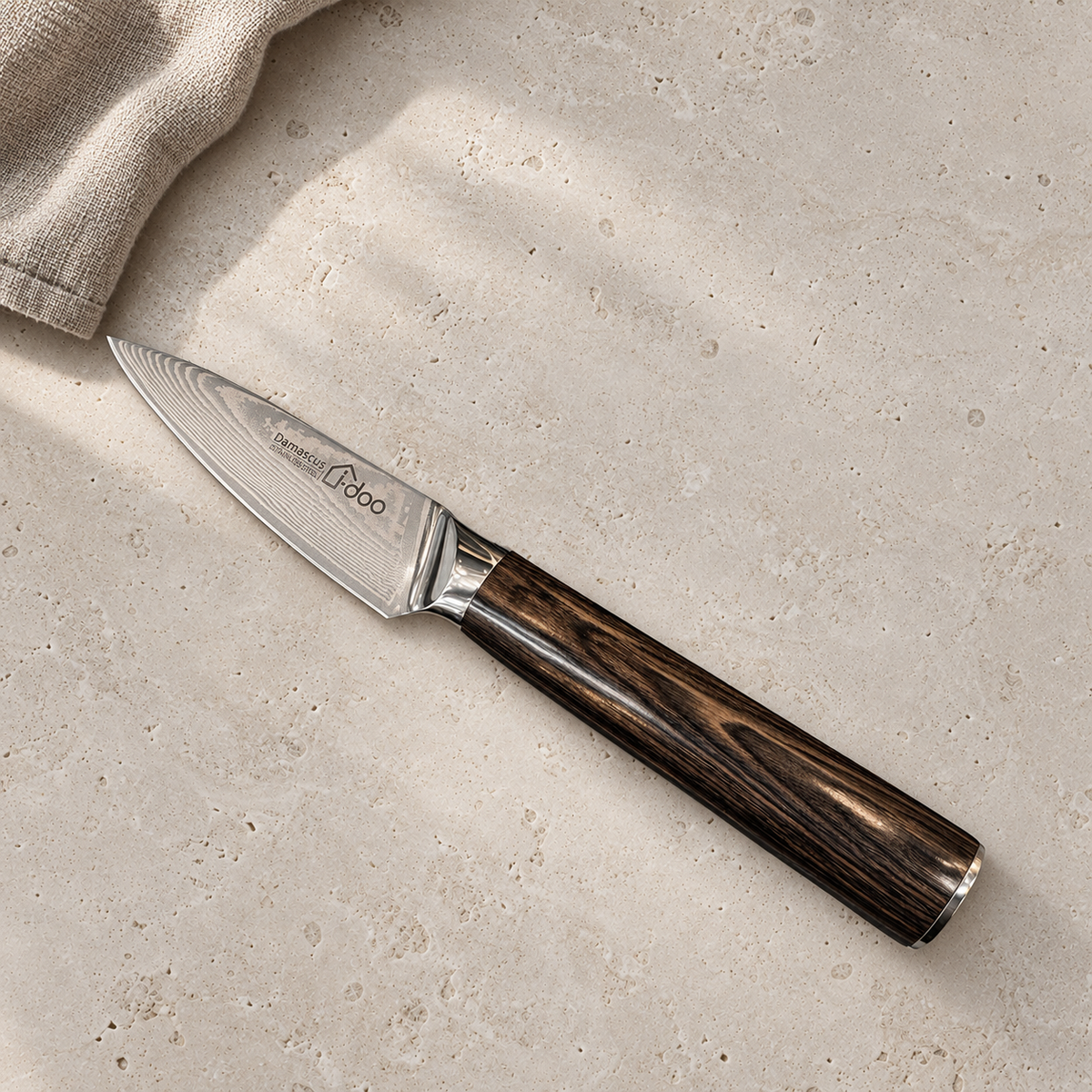 i-doo HJ 3.5-inch paring knife with patterned blade and dark golden wood-grain handle