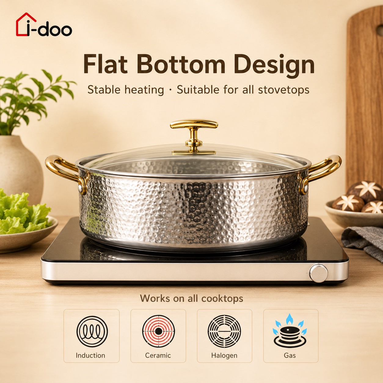 iDOO 32cm hammered soup pot with gold-tone handles and glass lid