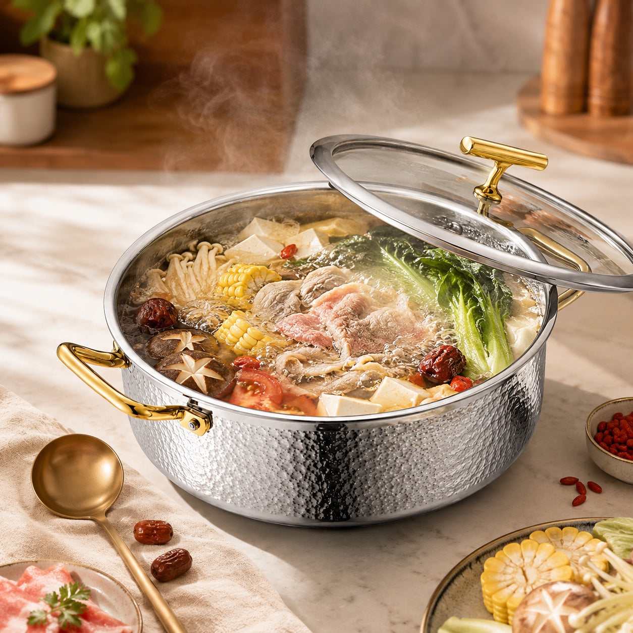iDOO 32cm clear soup pot in a warm family cooking setting