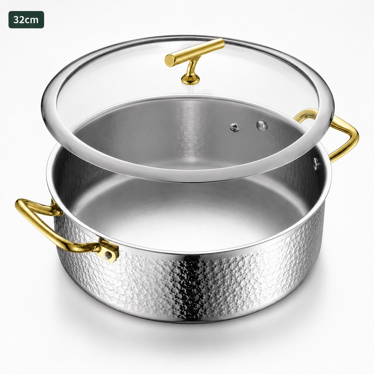 iDOO 32cm hammered stainless steel clear soup pot with glass lid