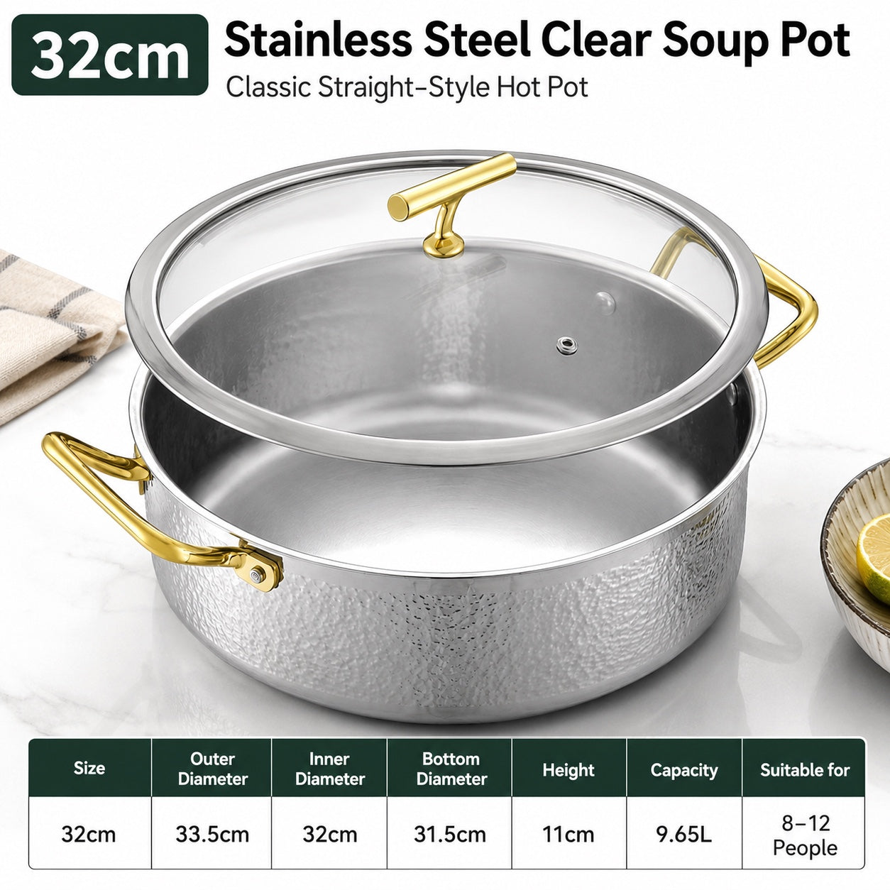 iDOO 32cm clear soup pot dimensions and 9.65 litre capacity