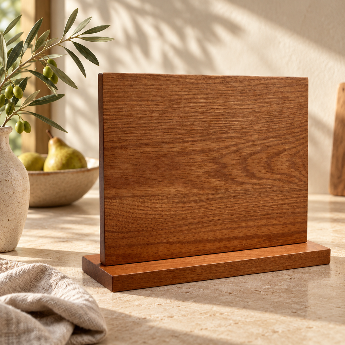 Magnetic wooden knife block displayed on a kitchen worktop