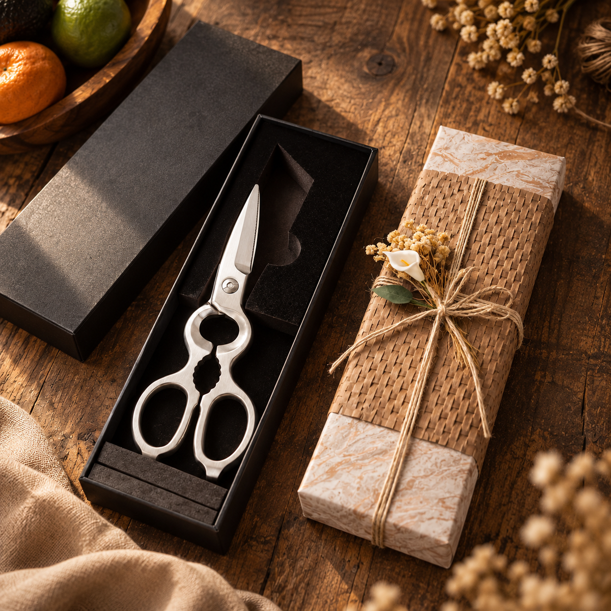 C8-04 scissors in an open presentation box beside a finished woven parcel with twine and flowers
