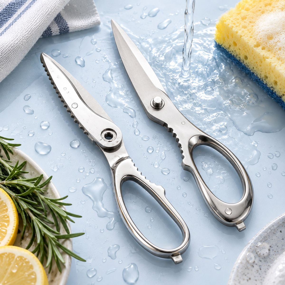 Two separated halves of C9.5-05 stainless steel kitchen scissors showing access to the blades and pivot for hand washing