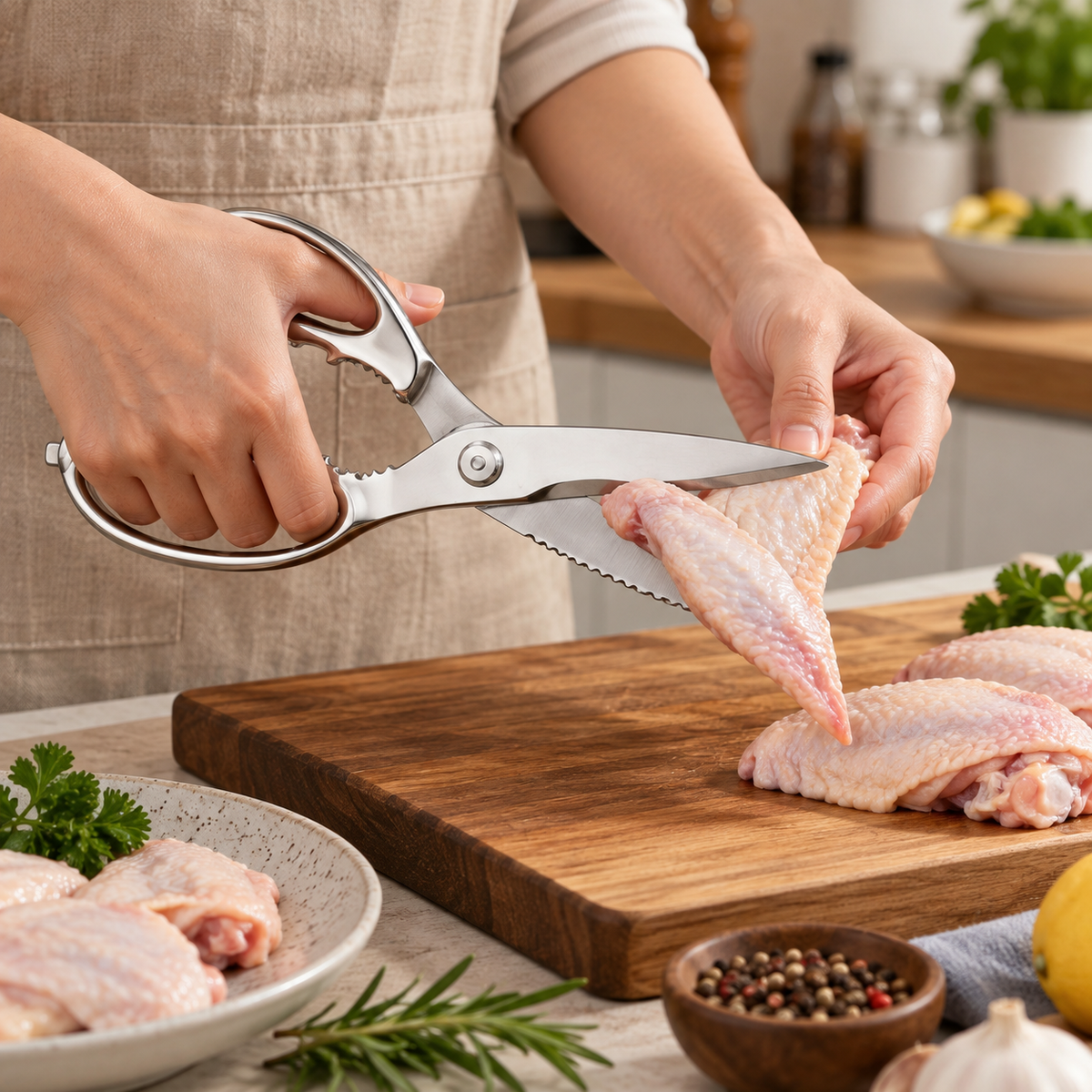 Stainless steel kitchen scissors C9.5-05 shown preparing a chicken wing over a wooden chopping board