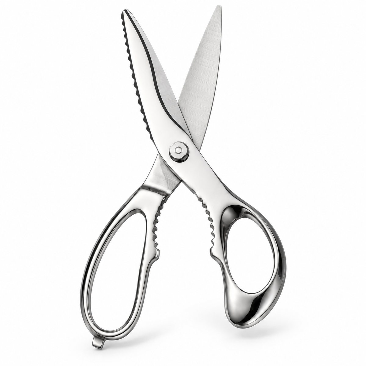 i-DOO C9.5-05 stainless steel kitchen scissors with polished metal handles on a white background