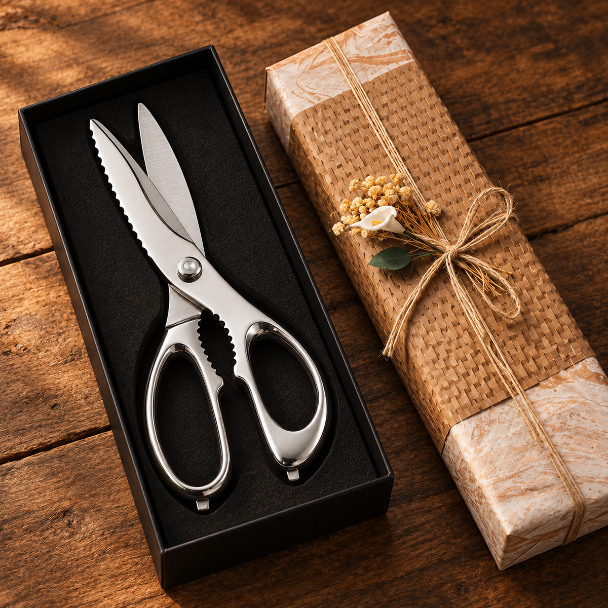 C9.5-05 kitchen scissors in an open gift box beside woven wrapping with twine and flowers