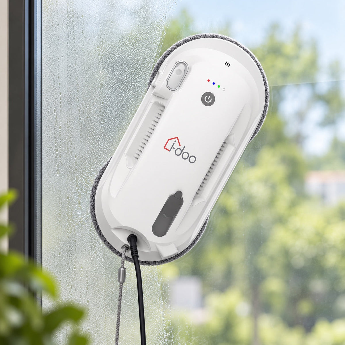 i-DOO window cleaning robot demonstrating automatic spray cleaning