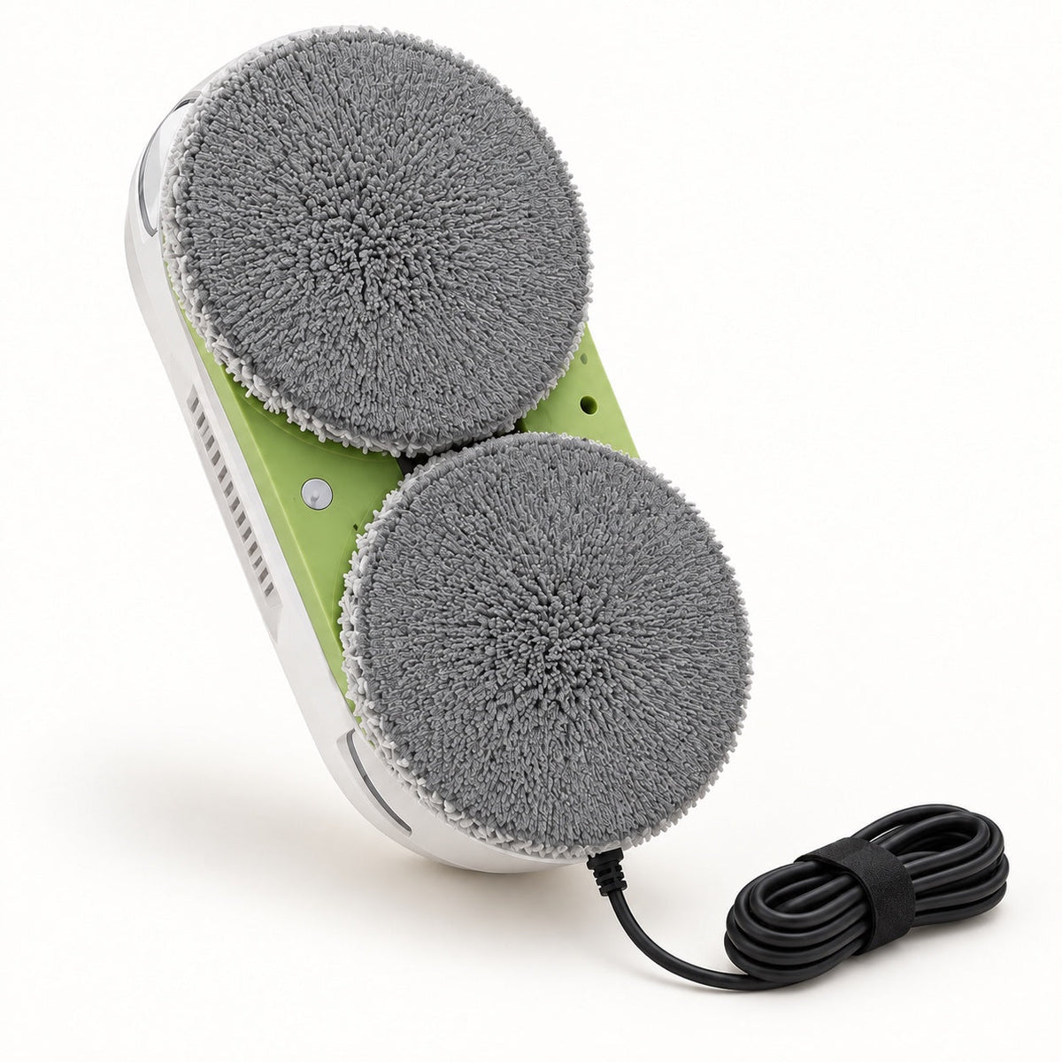 Underside of i-DOO window cleaning robot with dual cleaning pads and power cable