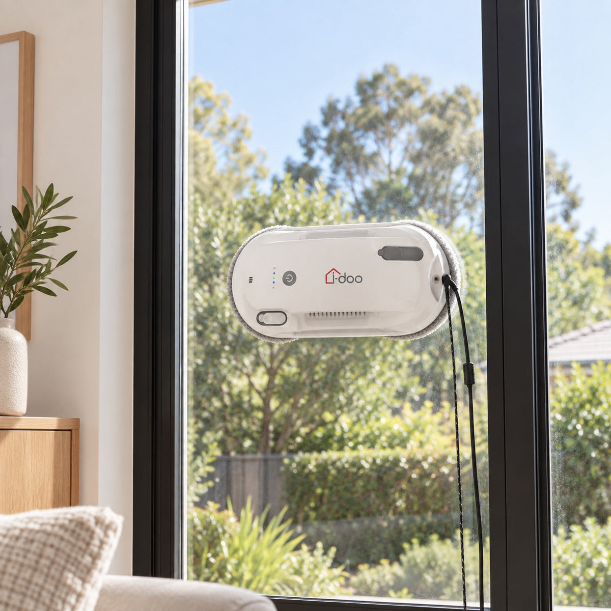 i-DOO window cleaning robot operating on a framed window