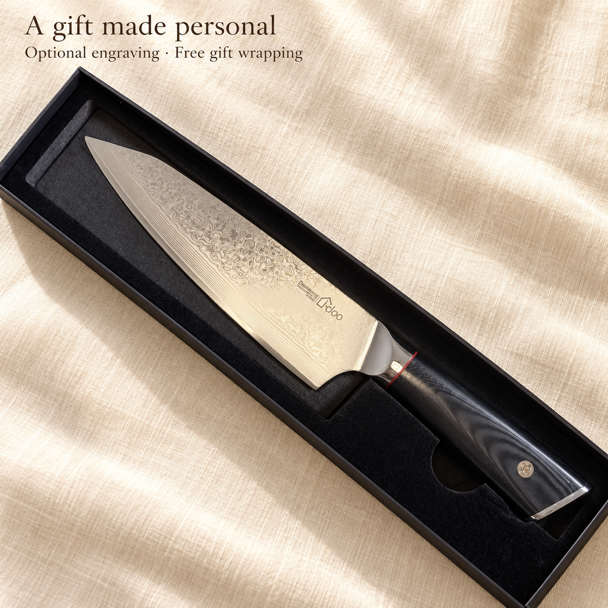 DF8 chef knife in presentation box with optional engraving and free gift wrapping