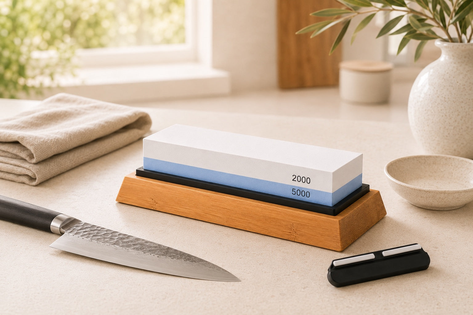 iDOO whetstone, bamboo base and sharpening angle guide