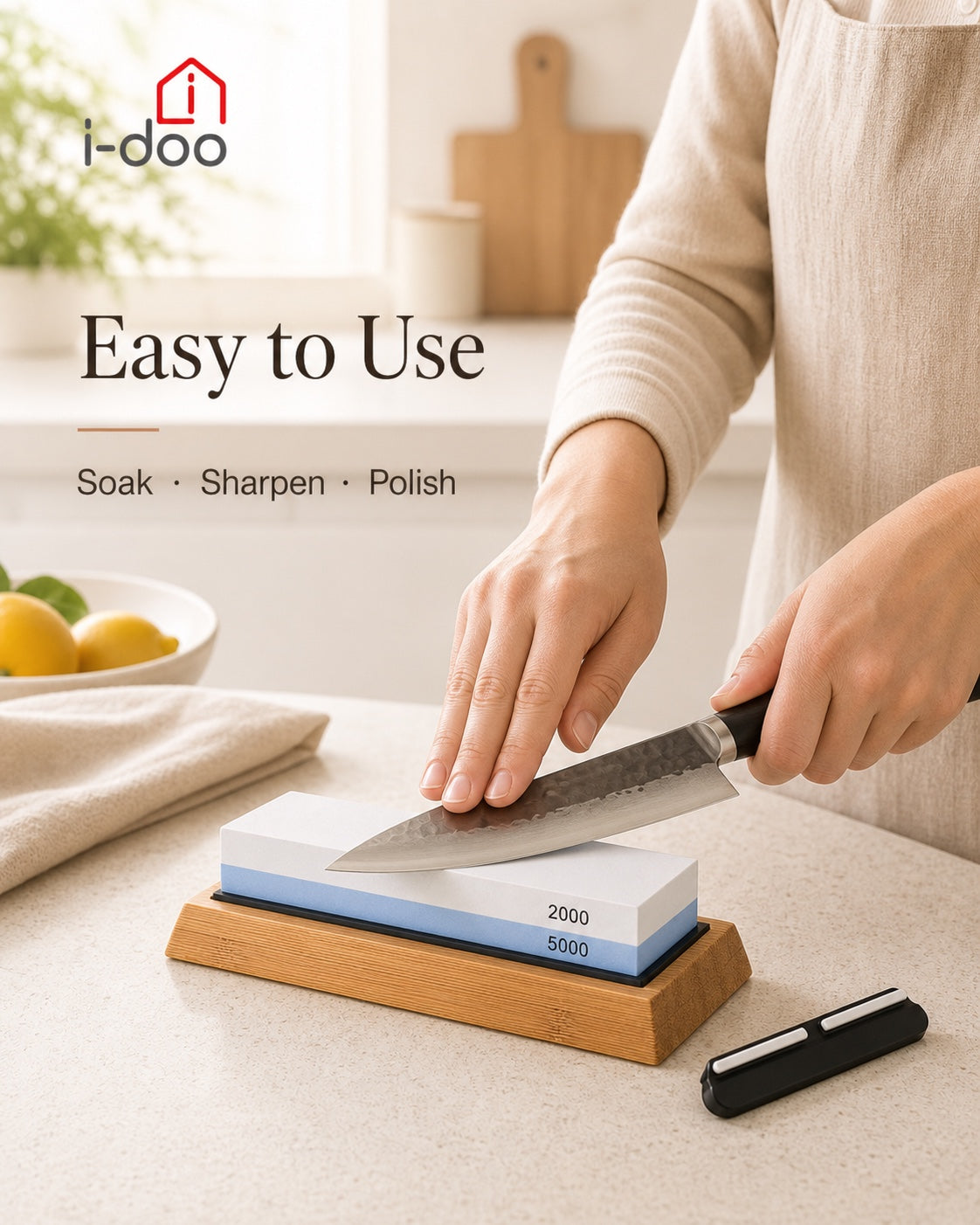 Using the iDOO dual-grit whetstone to sharpen a kitchen knife