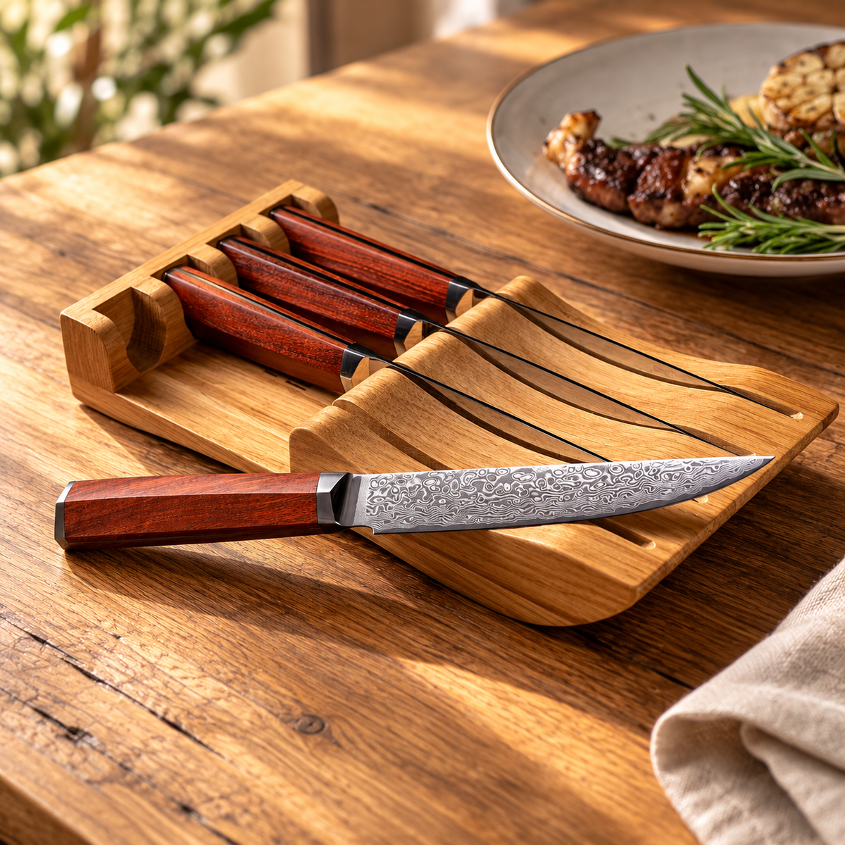 Four Damascus steak knives with reddish wood handles and matching wooden stand in a warm dining setting