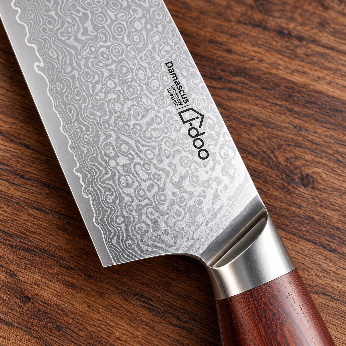 Close-up of JD Damascus kiritsuke silver blade pattern, i-DOO mark and natural wood handle