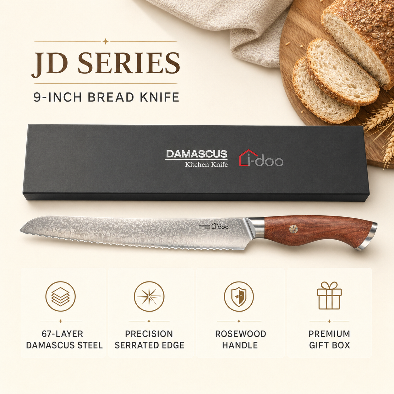 iDOO JD Series 9-inch bread knife features and materials