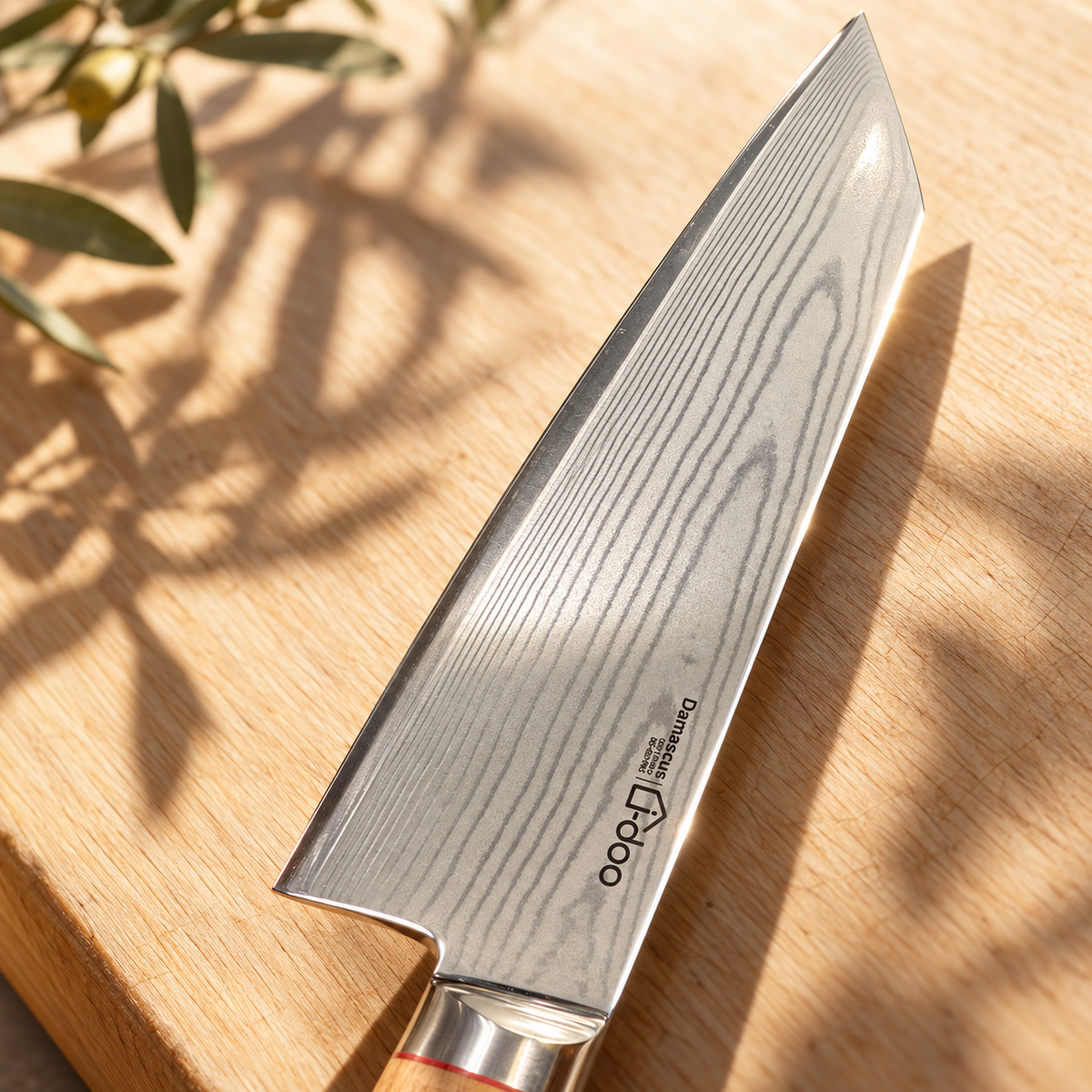 Pointed Kiritsuke blade with linear Damascus pattern and i-DOO engraving