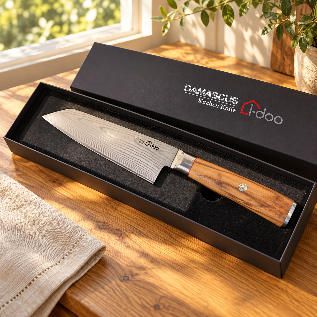 i-DOO 7 inch olive wood Kiritsuke presented in black gift box
