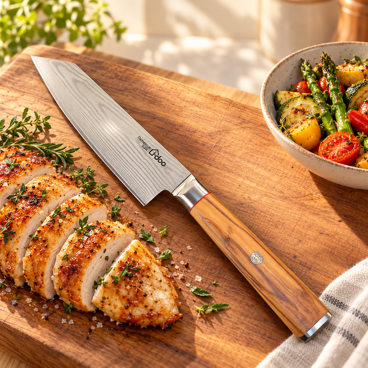 Kiritsuke knife beside sliced boneless chicken and vegetables on oak board