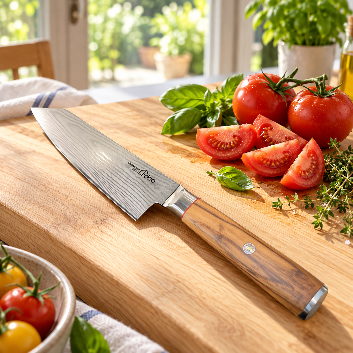 Kiritsuke knife with tomatoes and fresh herbs in a light-filled kitchen