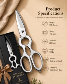 Stainless Steel Kitchen Scissors with Walnut Cracker