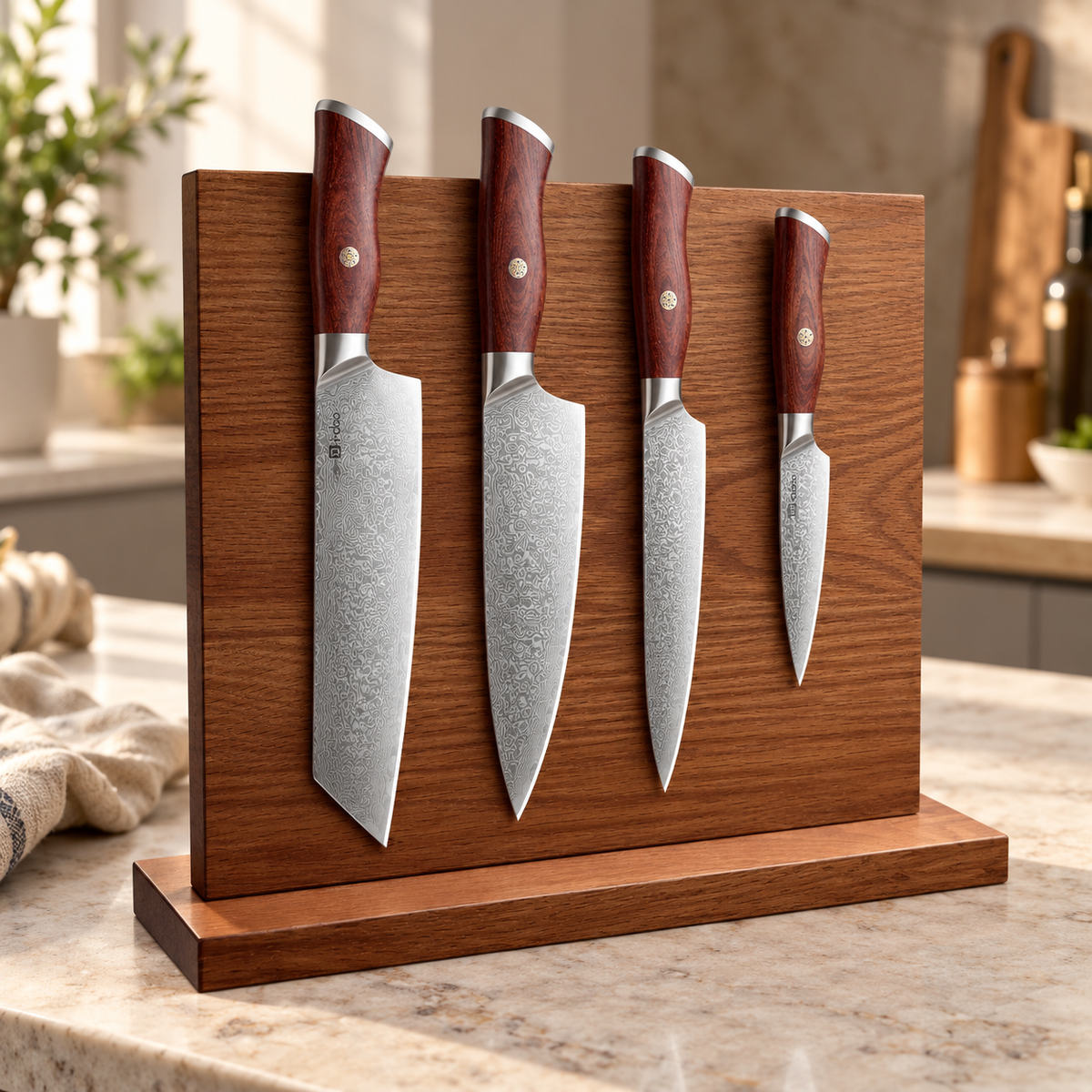 90 degree magnetic wooden knife block displaying four knives; knives not included