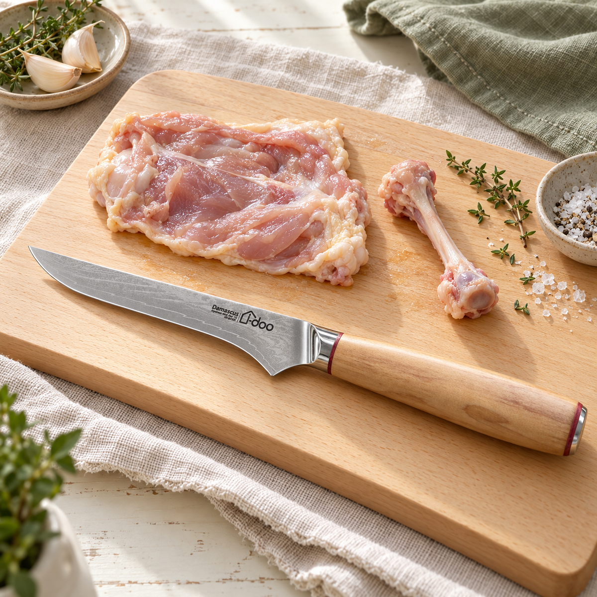 Maple boning knife beside a deboned chicken thigh