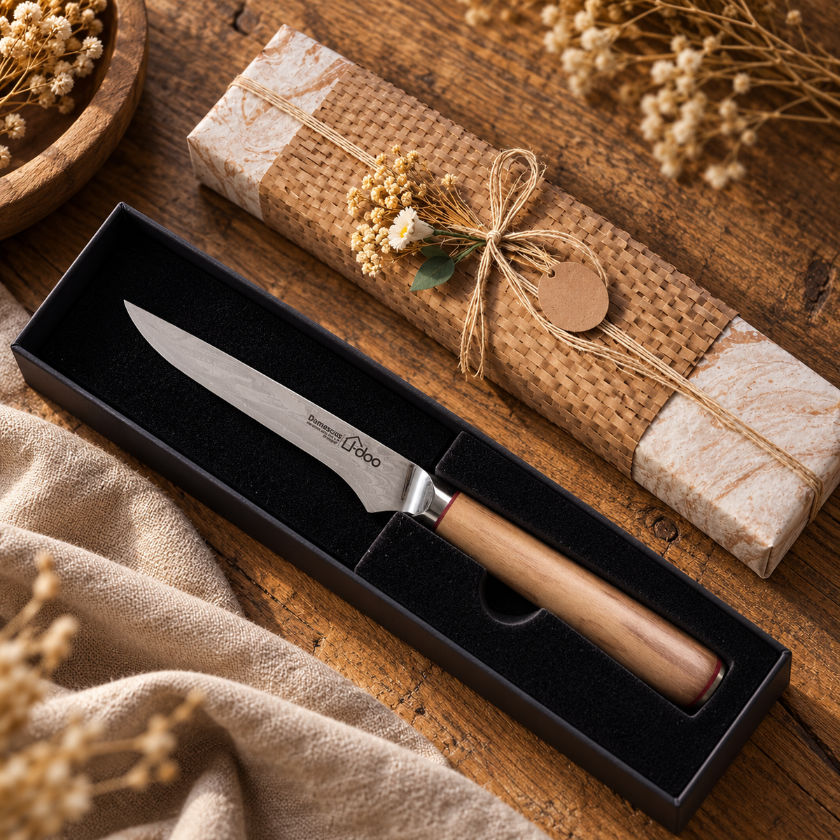 Maple boning knife in its open presentation box beside a finished woven gift parcel