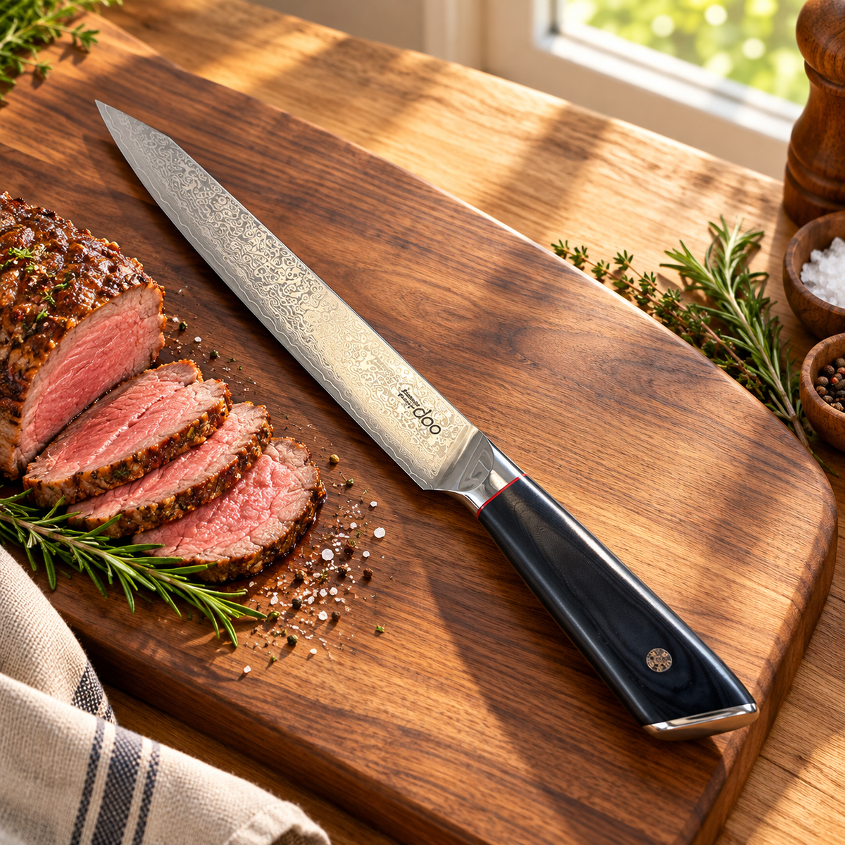 Summit 8-Inch AUS-10 Damascus Slicing Knife — Black Handle | Gift Knife