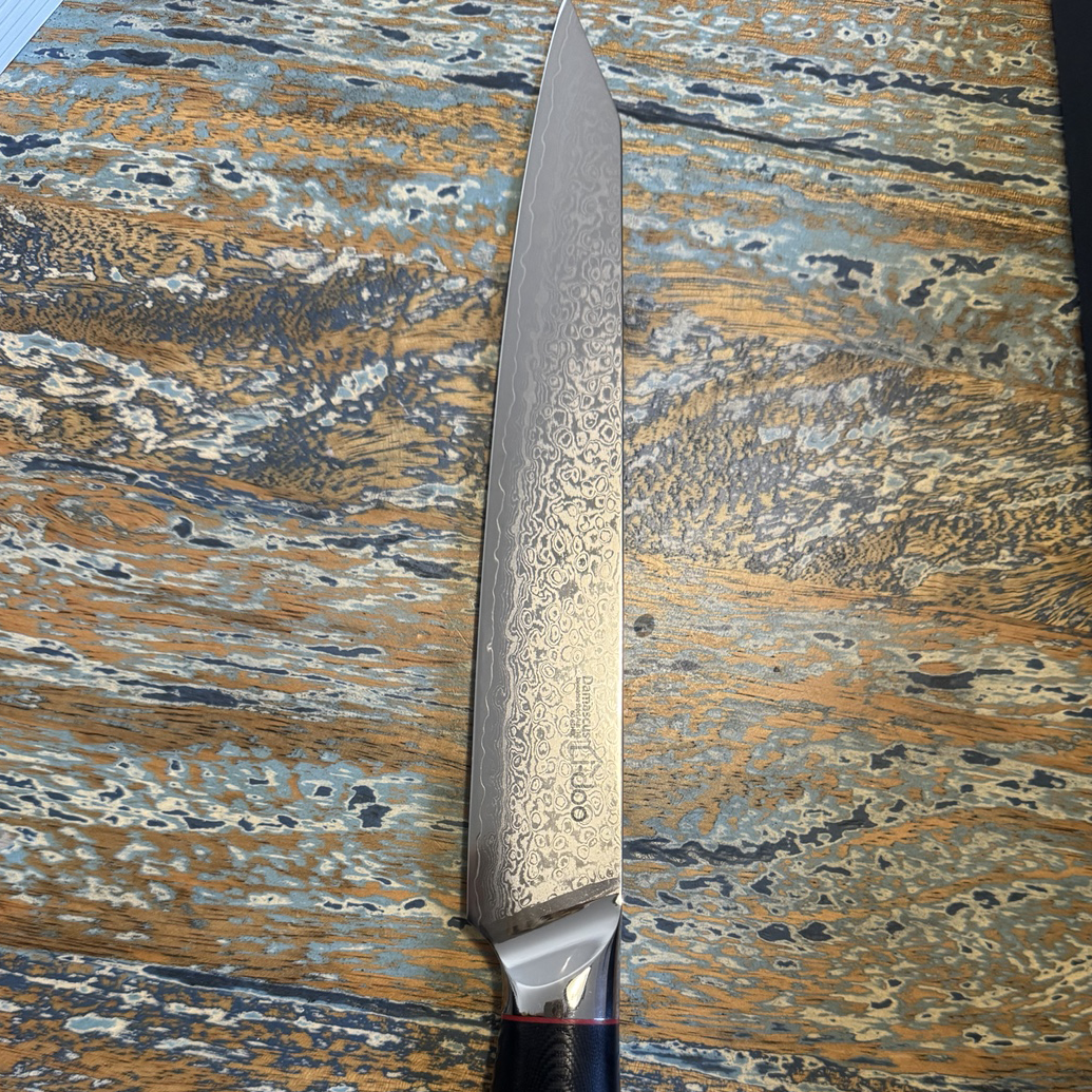 Summit AUS-10 Damascus slicing knife blade pattern and IDOO mark